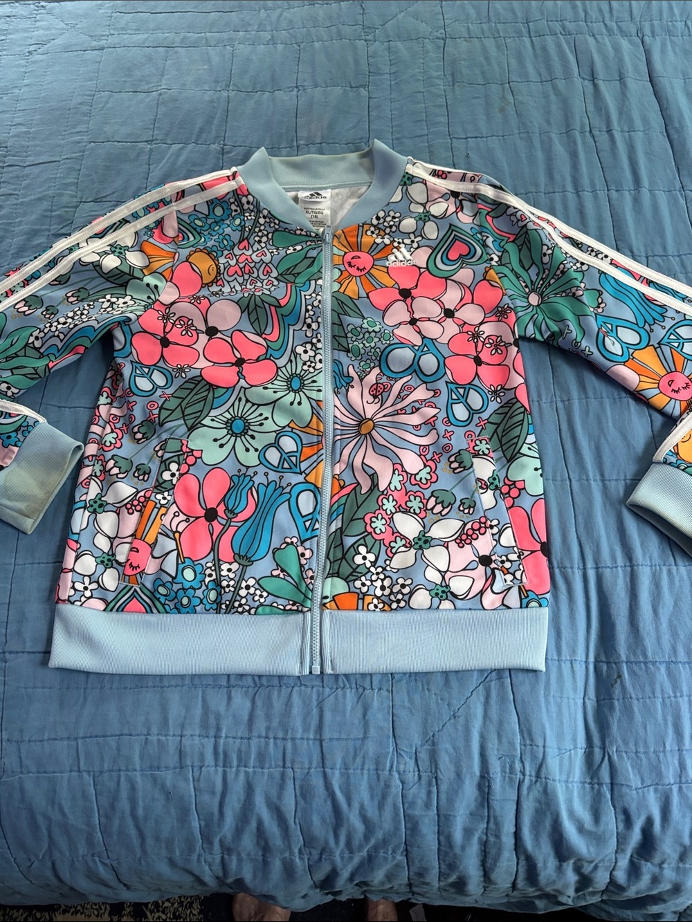 adidas Kids Floral Track Jacket in Light Blue and Pink Multicolor
